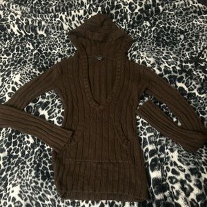Cozy Brown V-Neck Hooded Sweater
